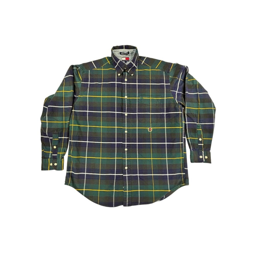 VTG Tommy Hilfiger Plaid Button-Down Shirt Mens M Long Sleeve Lion 90's Y2K